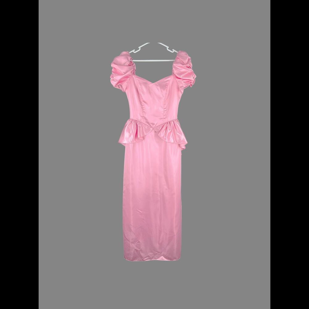 80s Pink Peplum Satin Prom Dress Barbiecore